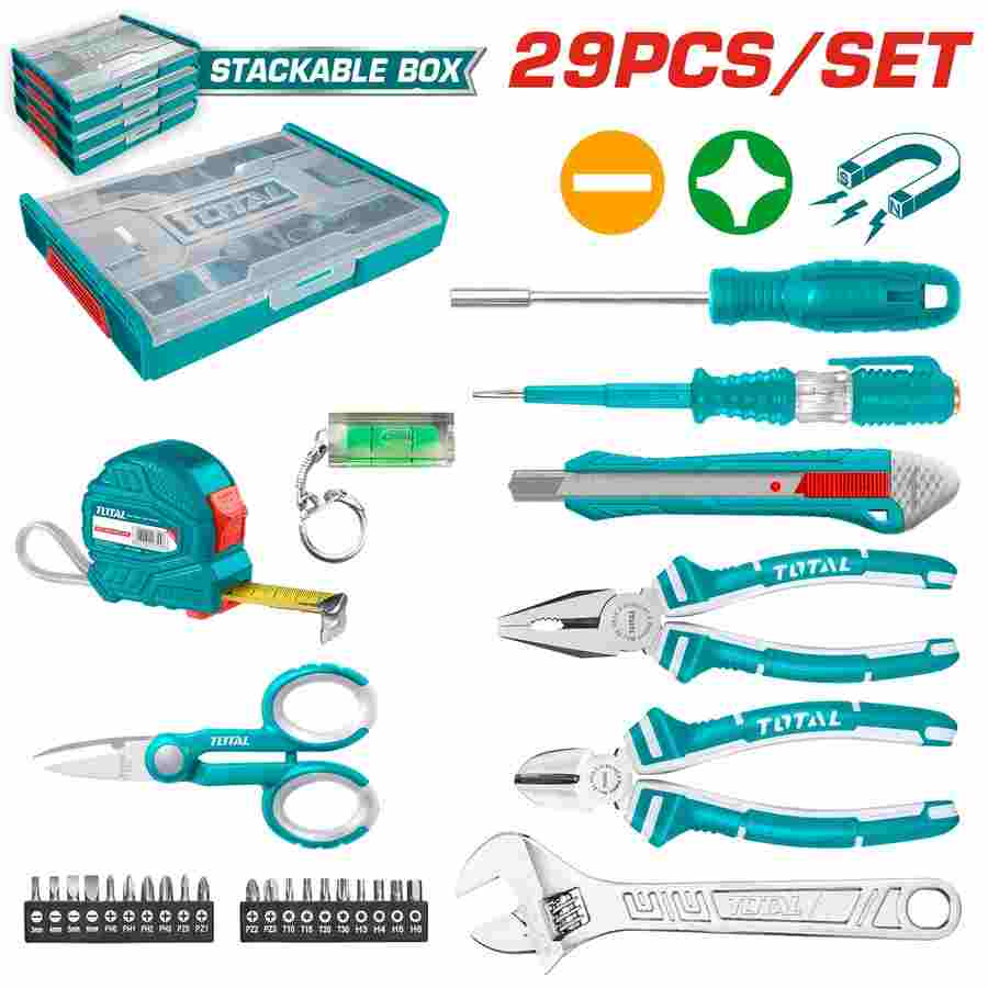 Brand total set of hand tools with plastic bag 29 pieces made in china 1 x Adjustable 8-inch French wrench 1 piece metal measuring tape, 3 meters x 16 mm 1 piece magnetic bit holder 100mm 1 piece 6-inch diagonal cutting pliers 1 piece adjustable scalpel 20 pieces of screwdriver bits 1 piece 7-inch pliers 1 piece of 5.5-inch scissors 1 water level scale bottle 1 piece test screwdriver