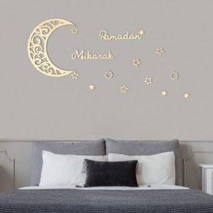 Yalikop 15 Pieces Ramadan Decoration Eid Wall Decor Wooden Moon Star Ornament Ramadan Mubarak Sign Eid for Home Decorations Muslim Islam Ramadan Party Supplies (Wood Color)
